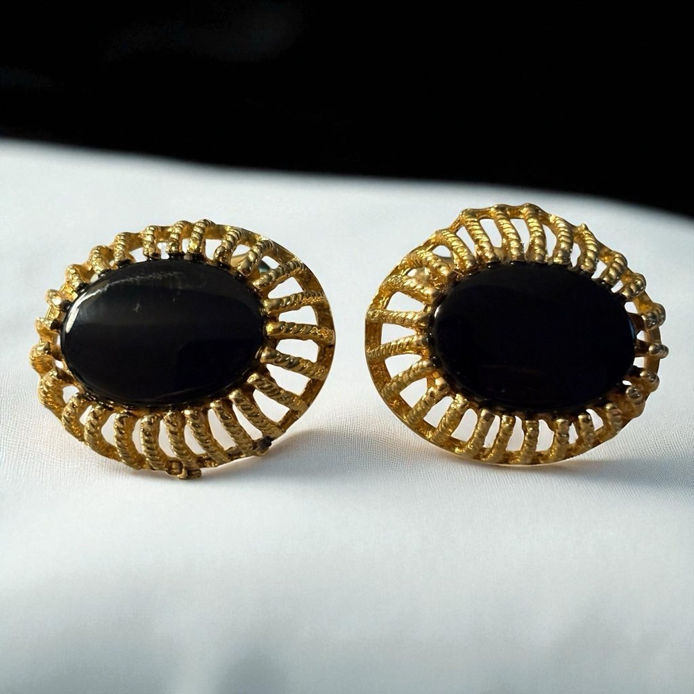 Vintage Destino Cufflinks Black Center Gold Tone Oval Open‎ Work Dome Design MCM